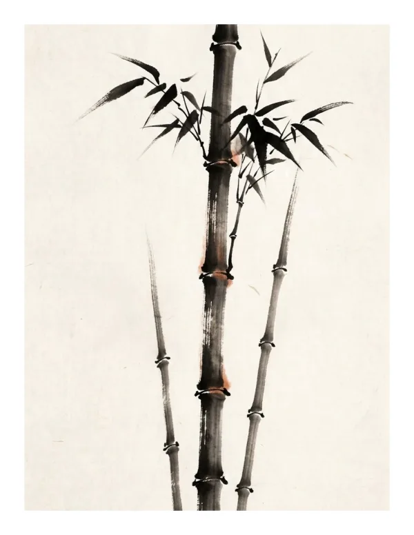 Three dark bamboo stalks with green leaves painted in a minimalist ink wash style on a cream background.