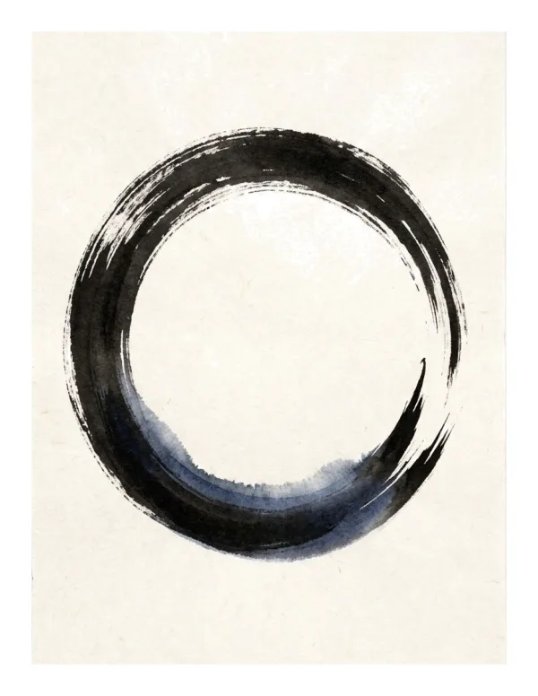 A black ink wash circle with a dark blue wash on a textured off-white background.
