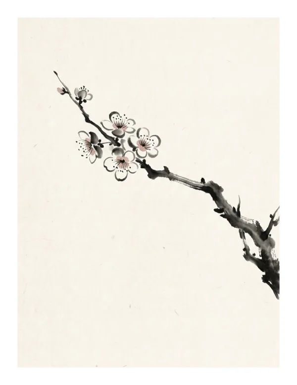 Ink wash painting of a dark tree branch with delicate pink and white plum blossoms against a cream background.