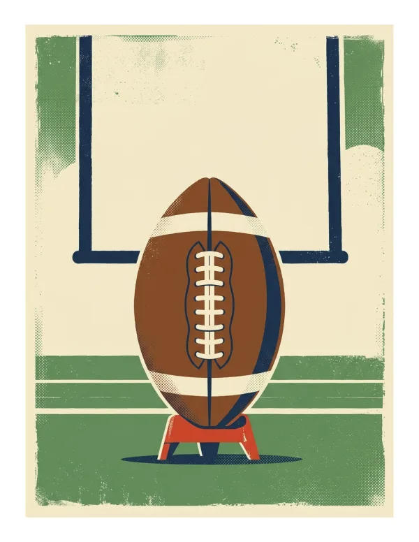 A brown football sits on a red tee in front of blue goalposts on a green field.