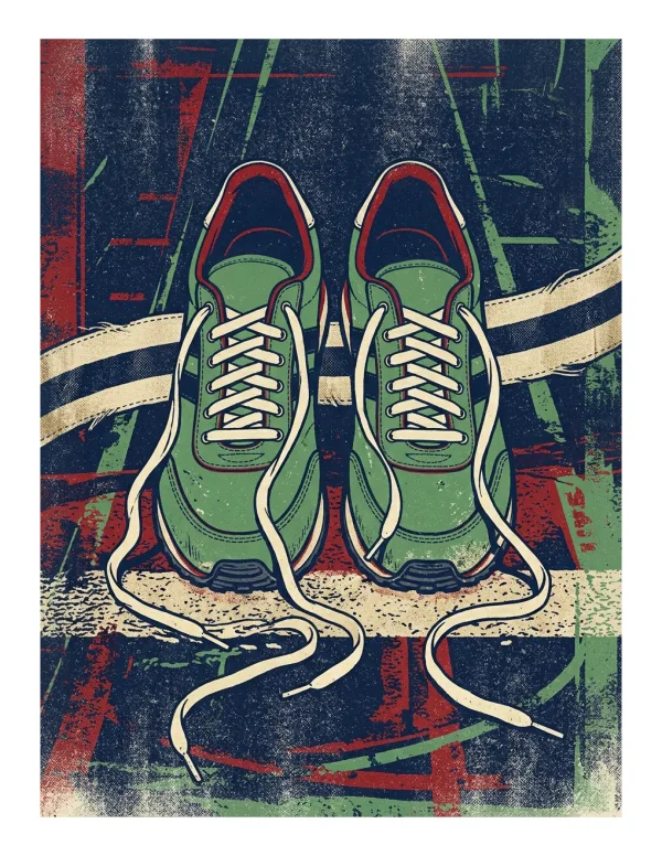 Pair of green running shoes with untied white laces on a track finish line.