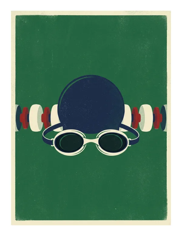 A graphic illustration of navy blue swimming cap and white swim goggles against a green background.