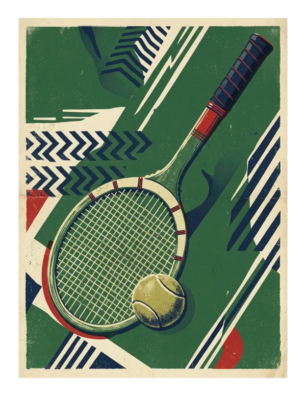 A vintage style illustration of a tennis racket and ball on a green background with geometric patterns.