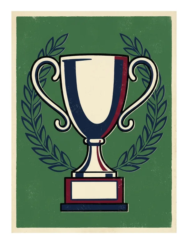 A cream and navy blue trophy cup with red trim sits on a base, framed by a navy blue laurel wreath on a green background.