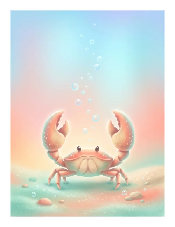 A cheerful cartoon crab with large claws raised is shown from the front, with bubbles floating above it against a soft pastel background.