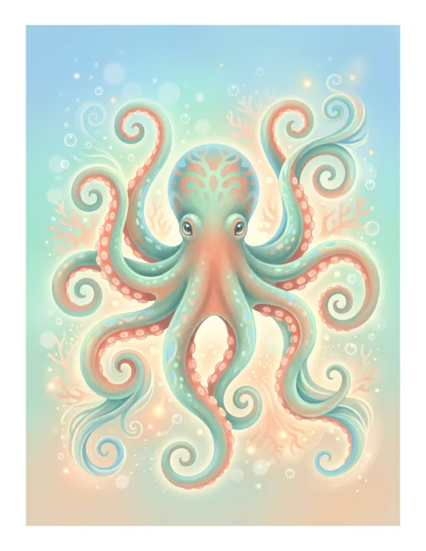 A pastel teal and coral octopus with curly tentacles, surrounded by bubbles and coral.
