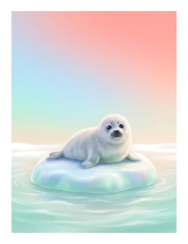 A fluffy white seal pup rests on a light blue ice floe with soft pastel colors in the background.