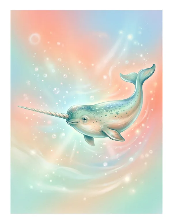 A whimsical narwhal with a long tusk swims in a colorful, bubbly, and starry ocean.