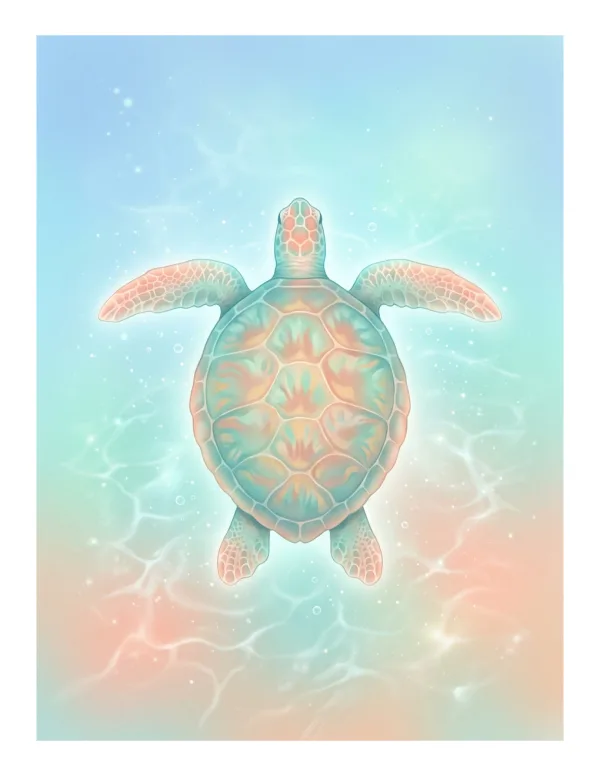 A top-down view of a sea turtle swimming in softly colored ocean water with light reflections.