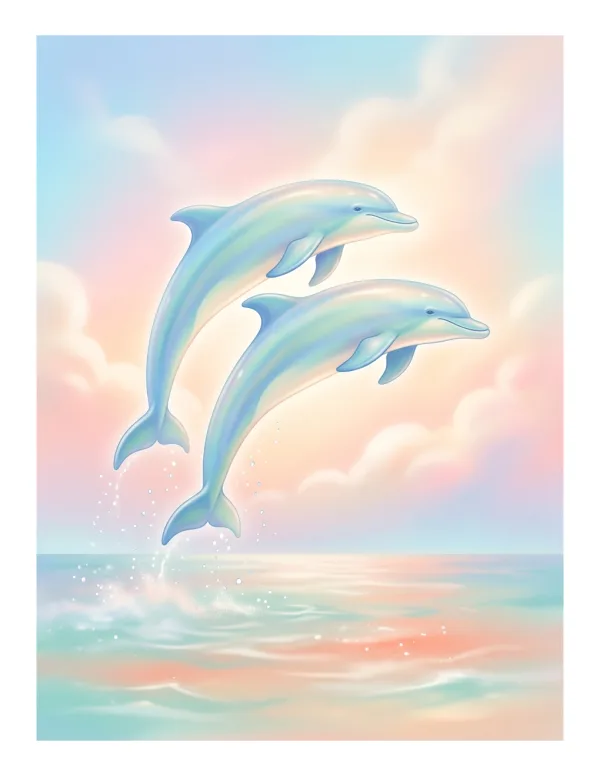 Two light blue dolphins leaping out of the ocean water with pastel clouds in the sky.