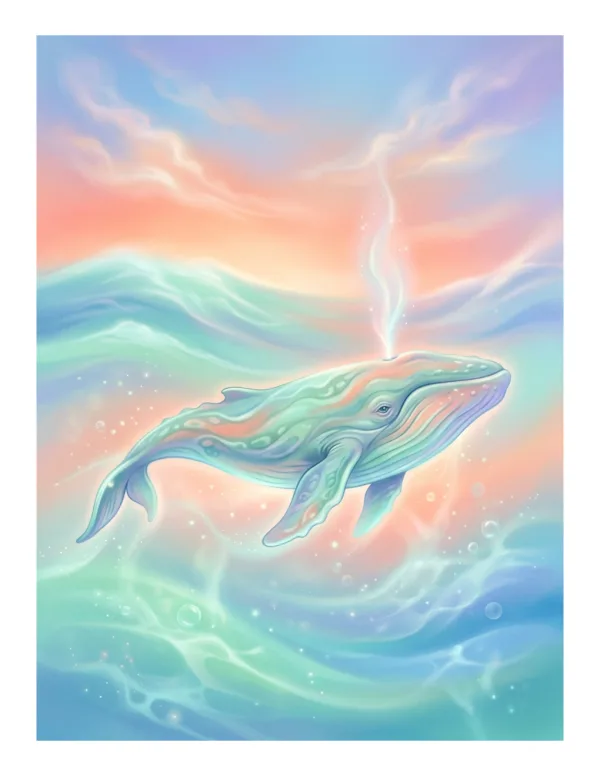 A pastel-colored whale exhales a spout of water in a dreamy ocean scene with clouds.