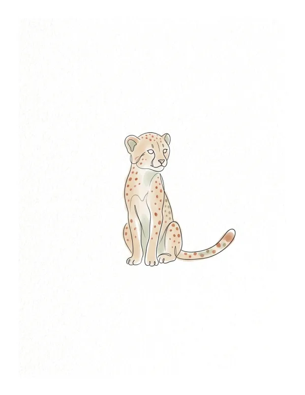 A light brown cheetah cub with darker spots sits facing slightly left with its tail curled.