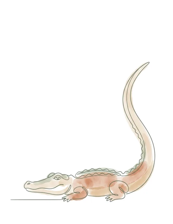 A single line drawing of a crocodile with watercolor accents, lying on its side with its tail curled up.