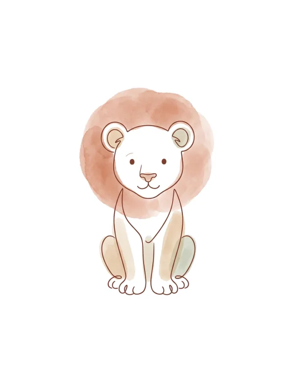 A line drawing of a baby lion sitting with a soft watercolor mane and body accents.