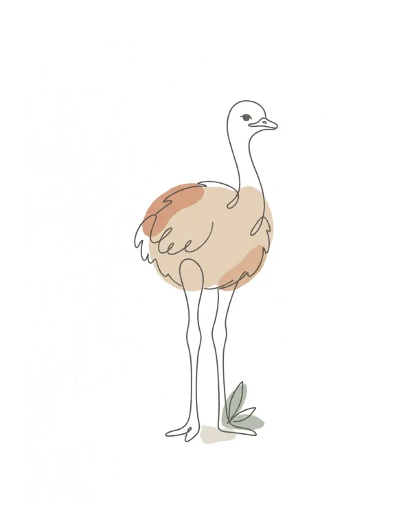 Line art drawing of a baby ostrich with soft peach and tan watercolor fill, standing on thin legs with a small green plant.