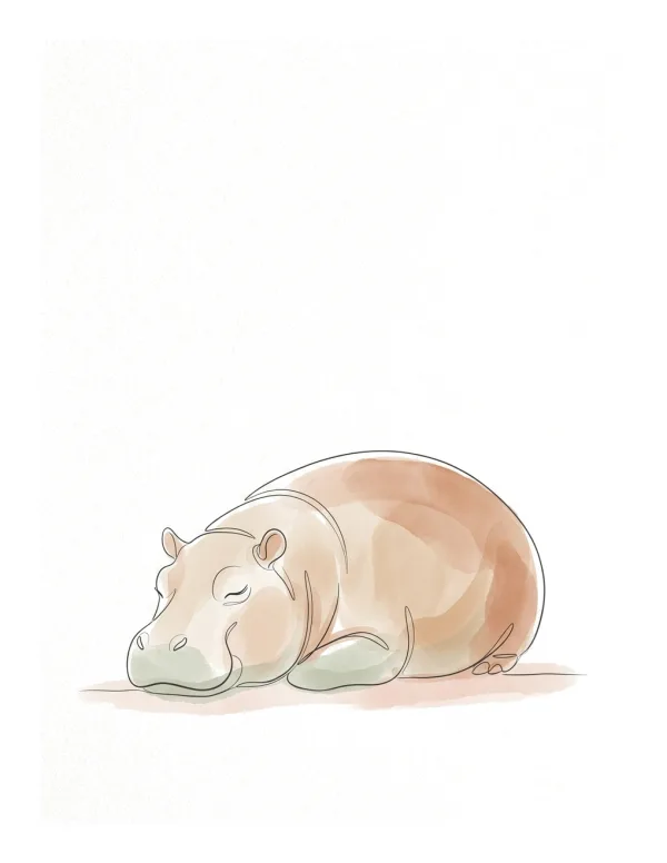 A light brown baby hippopotamus is sleeping peacefully on a flat surface, outlined with thin black lines.