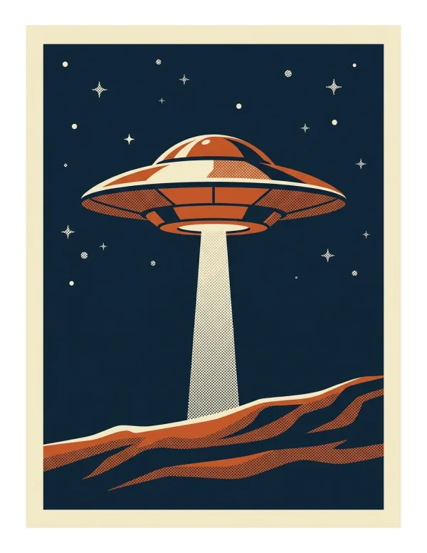 A retro orange and white flying saucer beams light onto a reddish-brown alien planet surface.