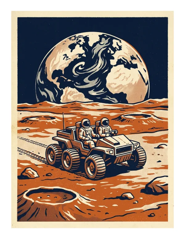 Two astronauts in a lunar rover drive across a cratered planet surface with Earth in the background.