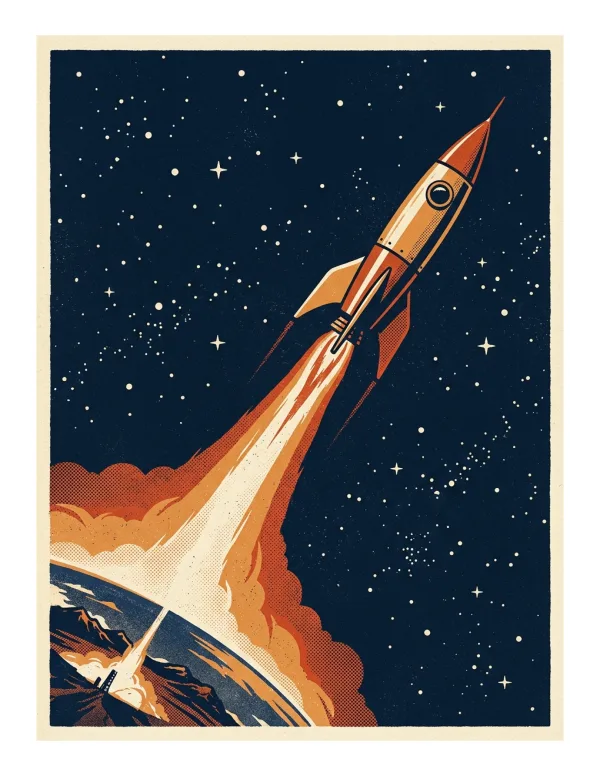 A retro-style rocket blasts off from Earth into a starry night sky with a large flame trail.
