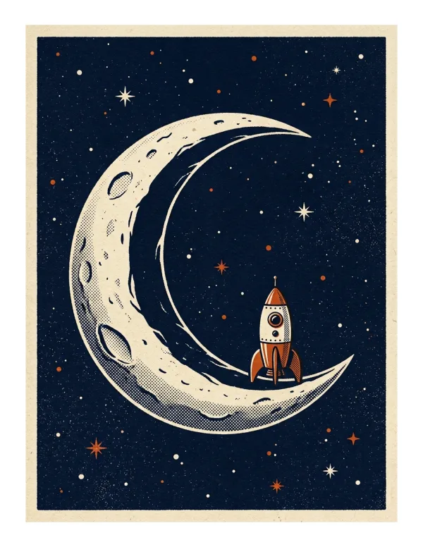 A retro rocket ship sits on the curve of a crescent moon against a starry night sky.