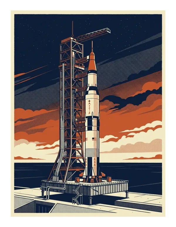 Retro illustration of a tall rocket on a launch tower against a dramatic sky.