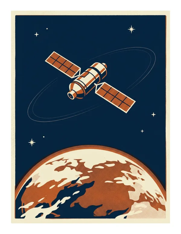 Retro-style satellite with solar panels orbits a textured planet against a dark blue starry sky.