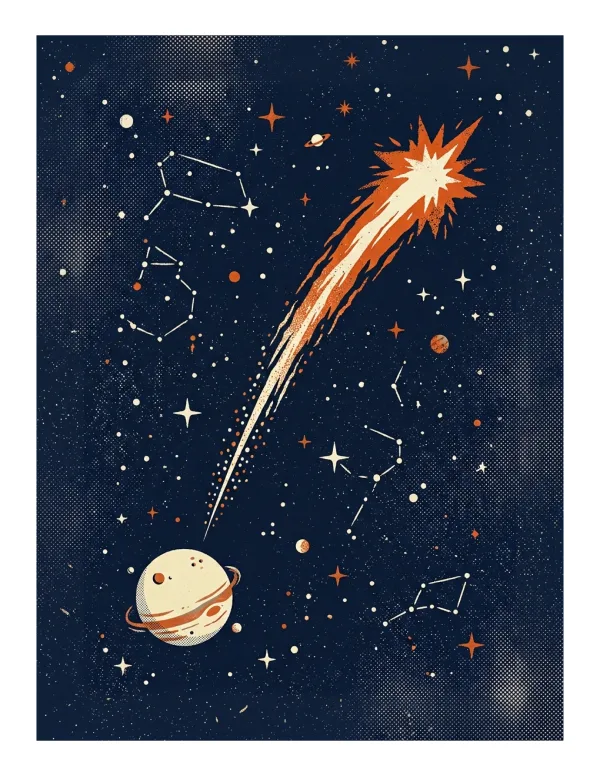 A bright orange shooting star streaks across a dark blue starry sky towards a ringed planet.