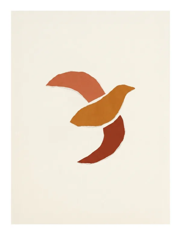 Abstract collage of a bird in flight with ochre and rust colored shapes against a cream background.