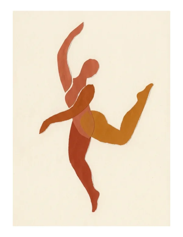 Abstract terracotta figure in a dynamic dancing pose with arms outstretched and one leg extended.