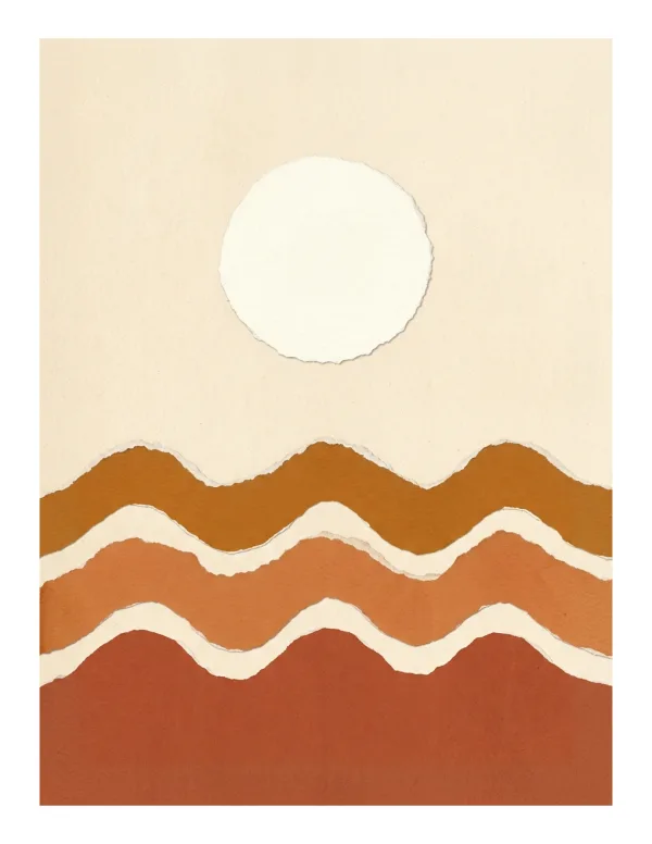 Paper cutout collage with a white circle sun above wavy orange and brown layers against a cream background.