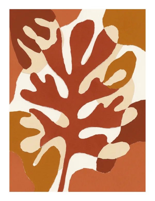 Abstract collage of overlapping organic shapes in terracotta, beige, and brown.