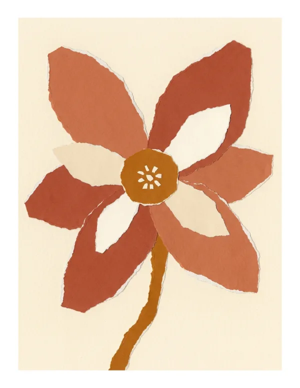 Abstract flower made of torn terracotta paper shapes on a cream background.