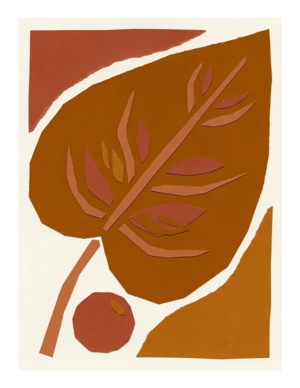 A collage artwork of a large brown leaf shape with smaller leaf shapes inside against an off-white background.