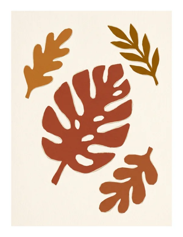 Paper cutout collage art of various leaf shapes in terracotta and brown on a cream background.