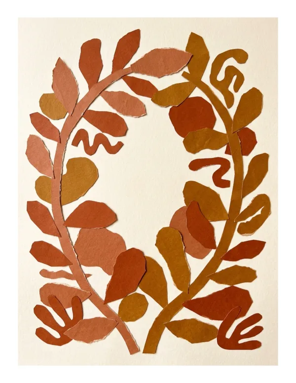 Wreath shape made of torn paper leaves in shades of terracotta, rust, and brown.