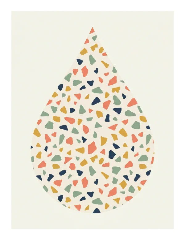 A large teardrop shape filled with colorful speckles of coral, blue, green, and yellow on a cream background.