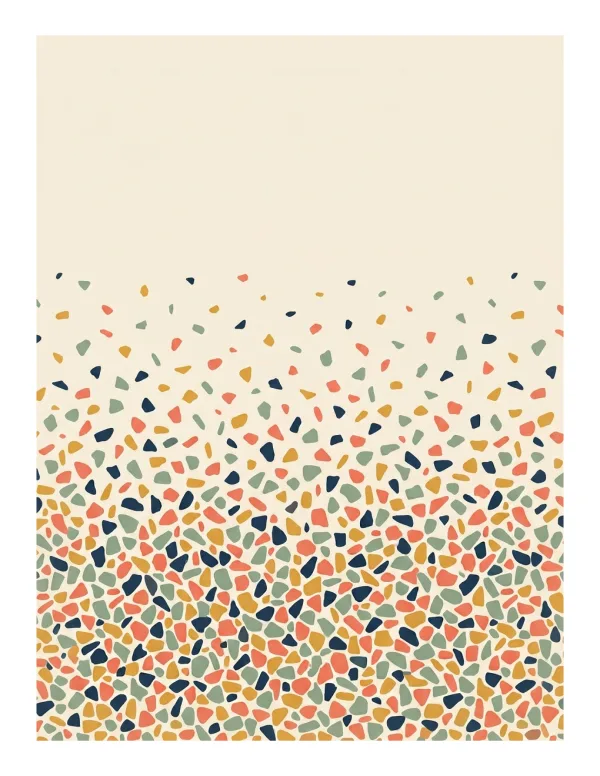 Cream background with a dense pattern of small, colorful, irregular chips at the bottom fading upwards.