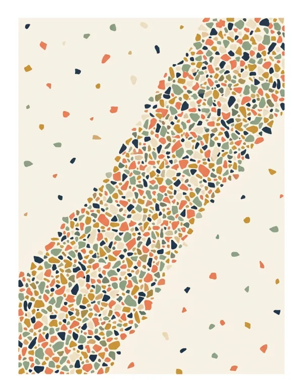 Abstract terrazzo pattern with a diagonal band of colorful flecks on a cream background.