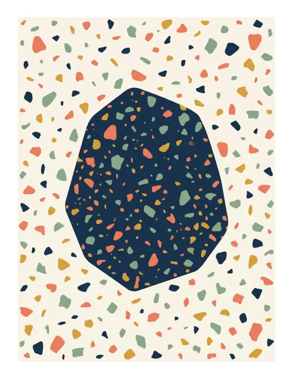 A cream background filled with small, scattered colorful speckles and a large dark blue shape with speckles.