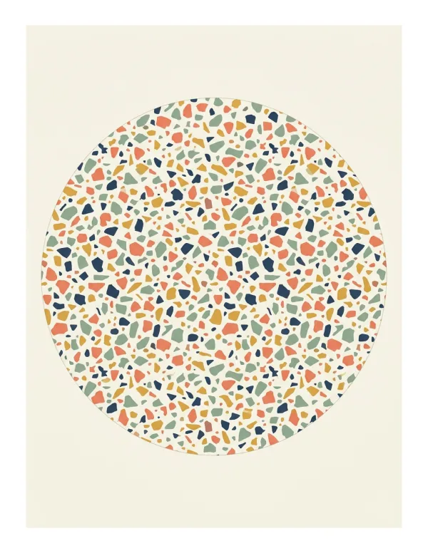 A large circle filled with small, irregular chips in coral, yellow, navy, and green on a cream background.