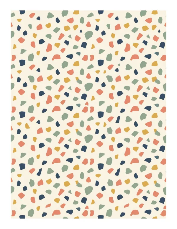 A seamless pattern of small, irregular speckles in coral, blue, green, and yellow on a cream background.