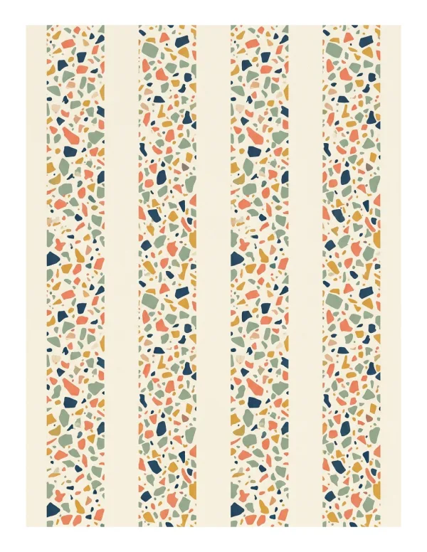 Vertical stripes filled with colorful terrazzo speckles in a retro pattern.