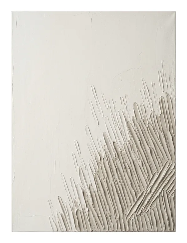 Abstract textured plaster art with raised linear strokes in neutral tones.