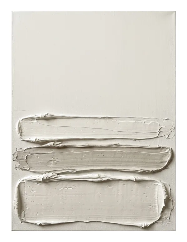 Three horizontal bands of textured plaster in varying shades of white and beige on a white background.