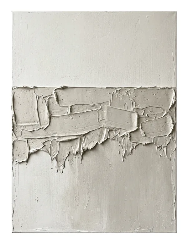 Abstract wall art with horizontal band of thick, textured off-white plaster over a smooth, lighter background.