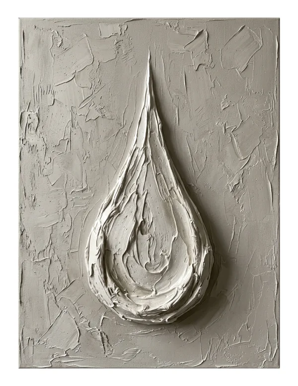 A pale gray textured plaster relief art piece of a single teardrop shape.