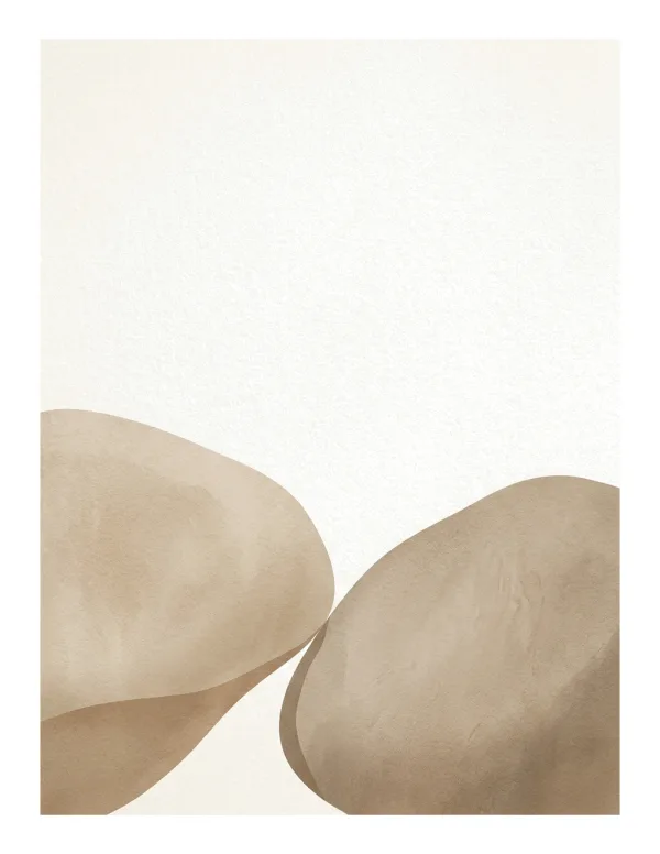 Two rounded, light brown abstract shapes resembling boulders lean towards each other.