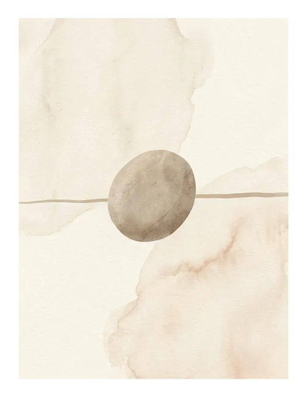 A neutral watercolor abstract with a large oval shape balanced on a thin horizontal line.