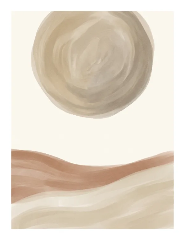 Abstract painting with a large circular shape above wavy horizontal bands in neutral tones.