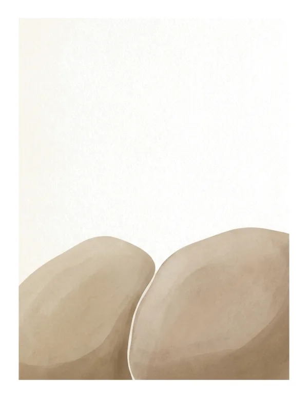 Two large, smooth, rounded boulders in warm beige and tan colors lean together with a white space above.